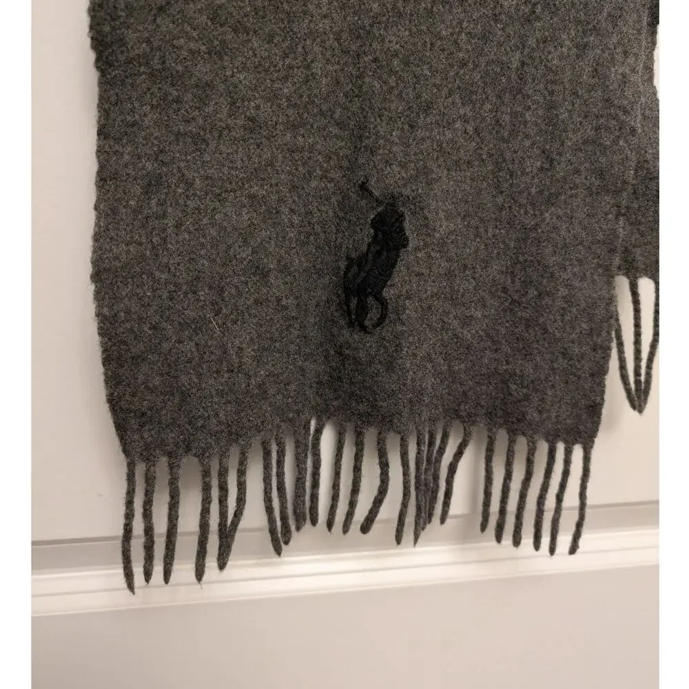 Polo Ralph‎ Lauren Gray Lambs Wool Scarf Pony Logo Fringe Detail